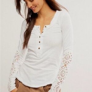 Free People Our Song Henley w/ Crochet Lace Cuff Sz XL
